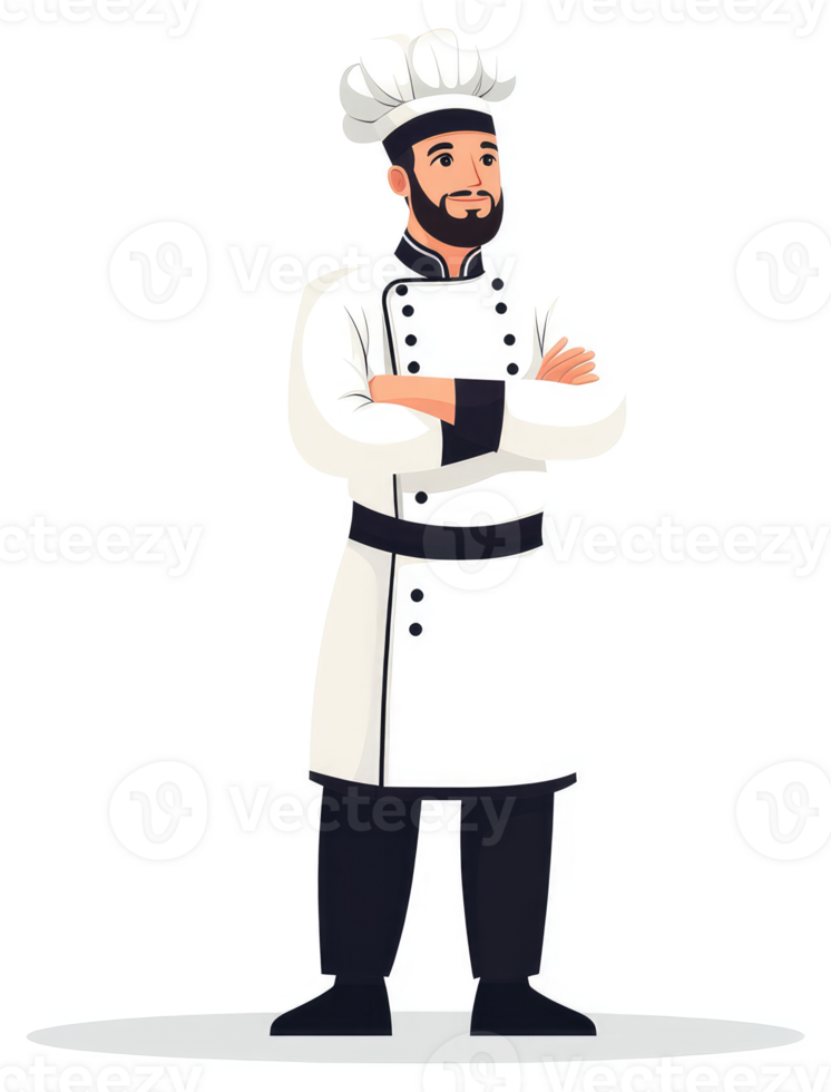 A confident chef in a traditional white and black uniform. png