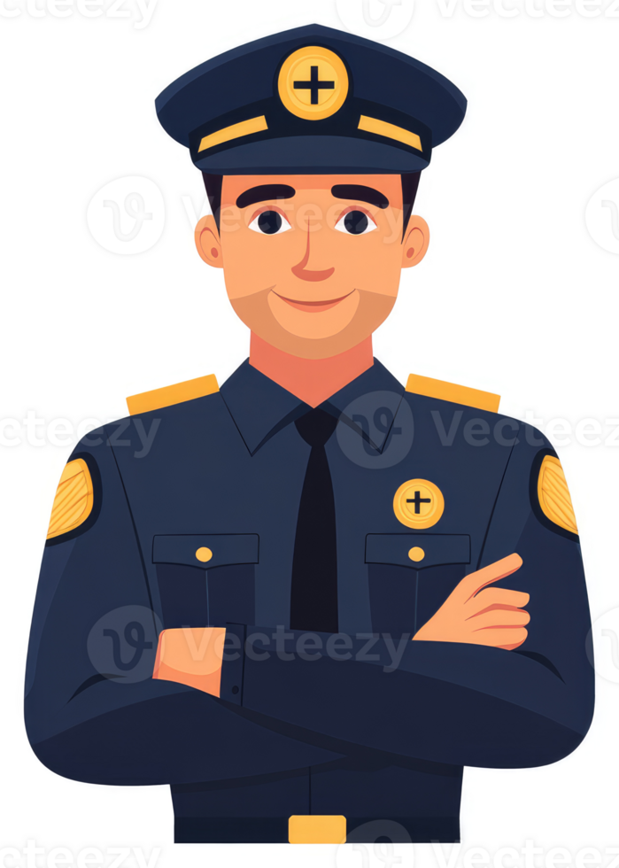 A uniformed officer with arms crossed, displaying authority and professionalism. png