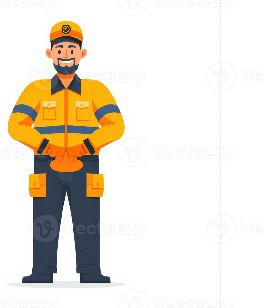 A smiling worker in bright yellow and navy utility clothing. png