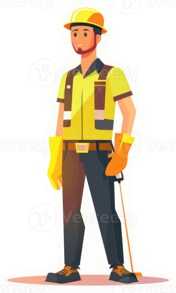 A smiling construction worker in safety gear holding a tool. png
