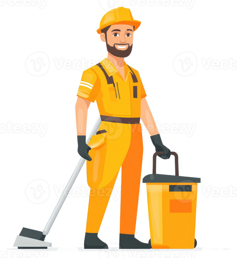 A smiling worker in bright yellow uniform holding a vacuum cleaner and bin. png