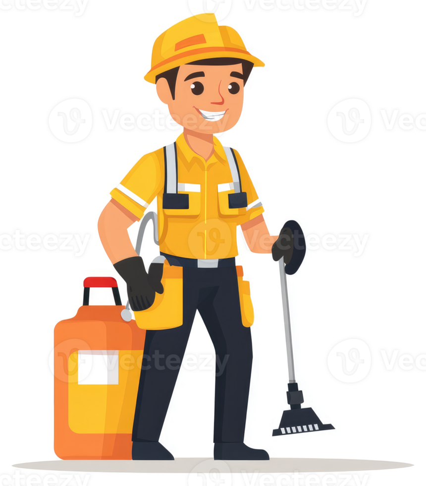 A smiling pest control worker equipped with tools and a gas canister. png