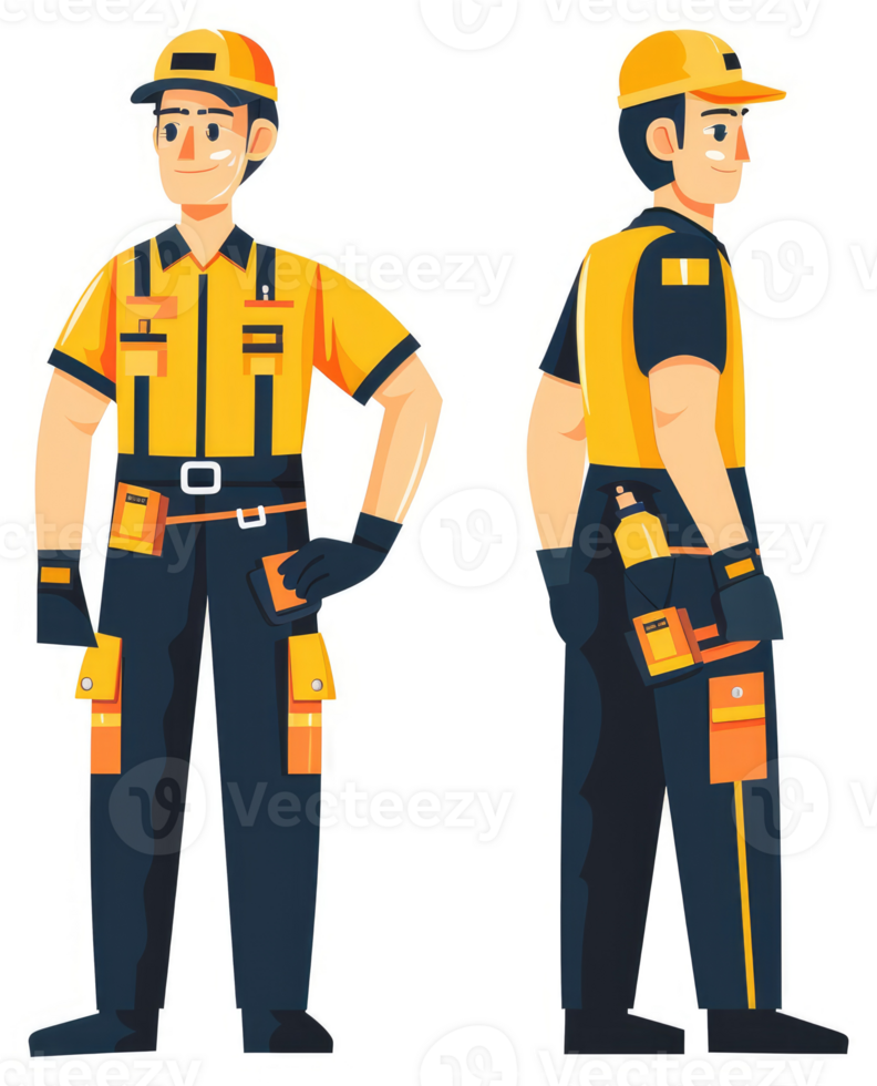Two workers in bright yellow and dark navy utility uniforms. png