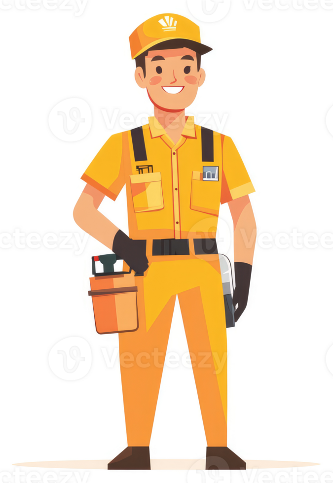 A cheerful technician in bright yellow uniform, carrying tools. png