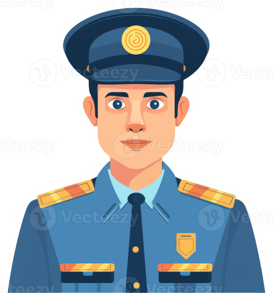 Illustration of a uniformed male officer in a stylized cartoon design. png