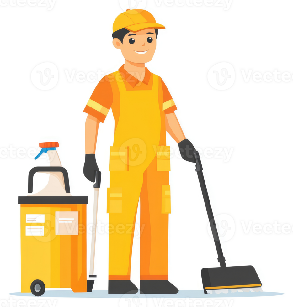 A cheerful worker in bright yellow uniform is equipped with cleaning supplies. png