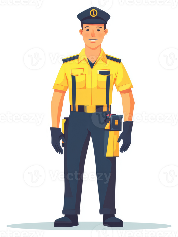 A male security guard in a yellow and navy uniform. png