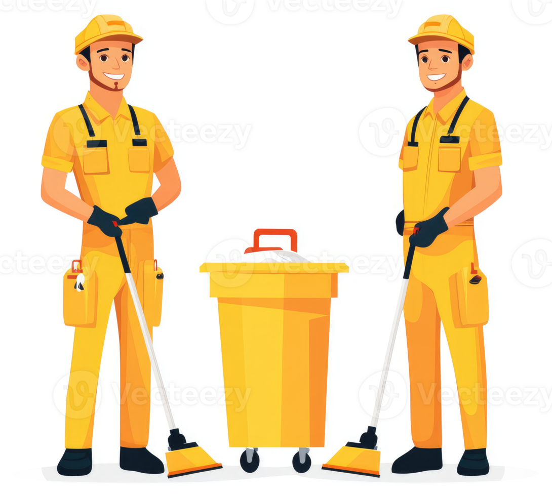 Two uniformed sanitation workers in yellow uniform with cleaning equipment. png