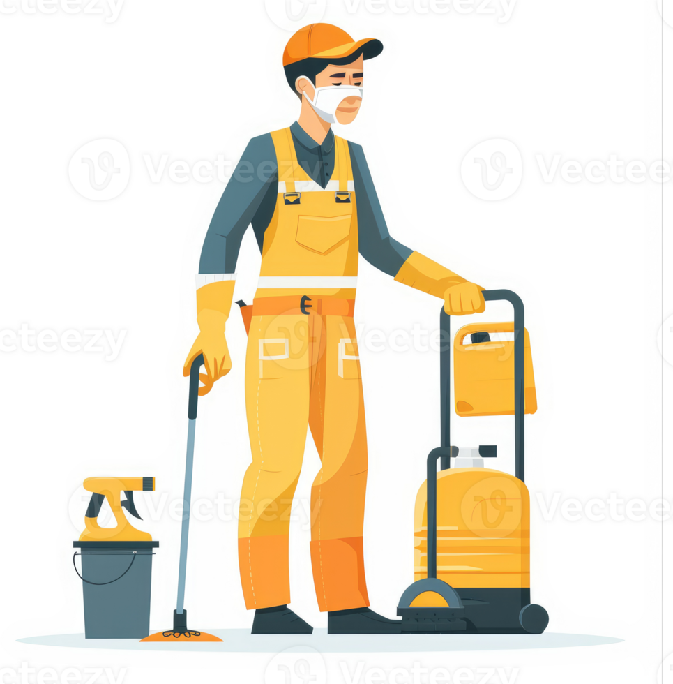 A worker in protective gear, holding cleaning equipment, ready for a job. png