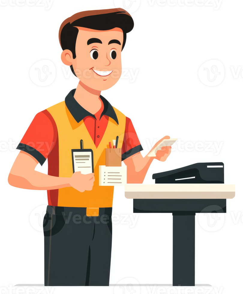 A friendly cashier working at a retail point of sale. png