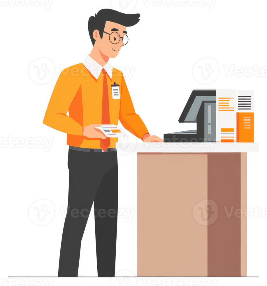 A customer service representative at a store counter, processing documents. png