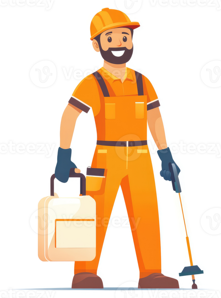 A smiling, bearded worker in orange overalls carries pest control equipment. png