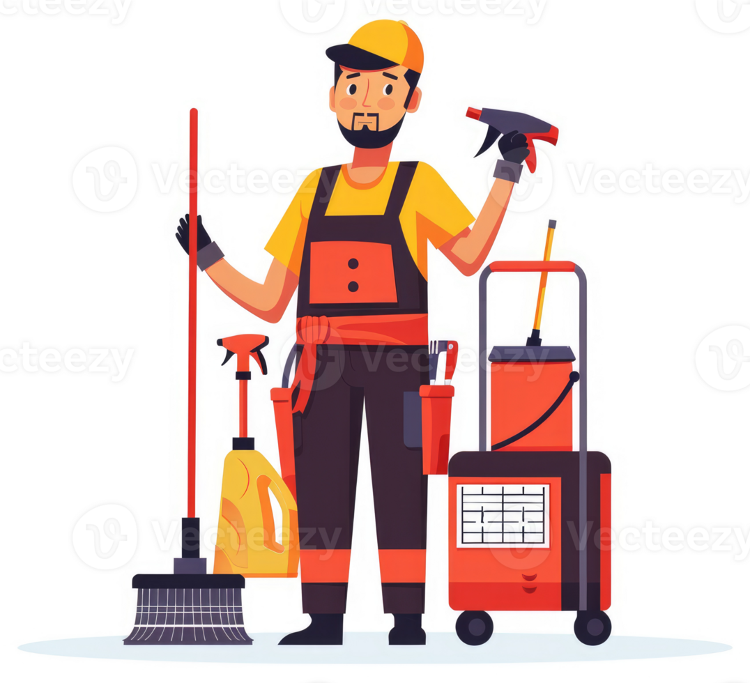 A handyman equipped with cleaning supplies, ready for work. png