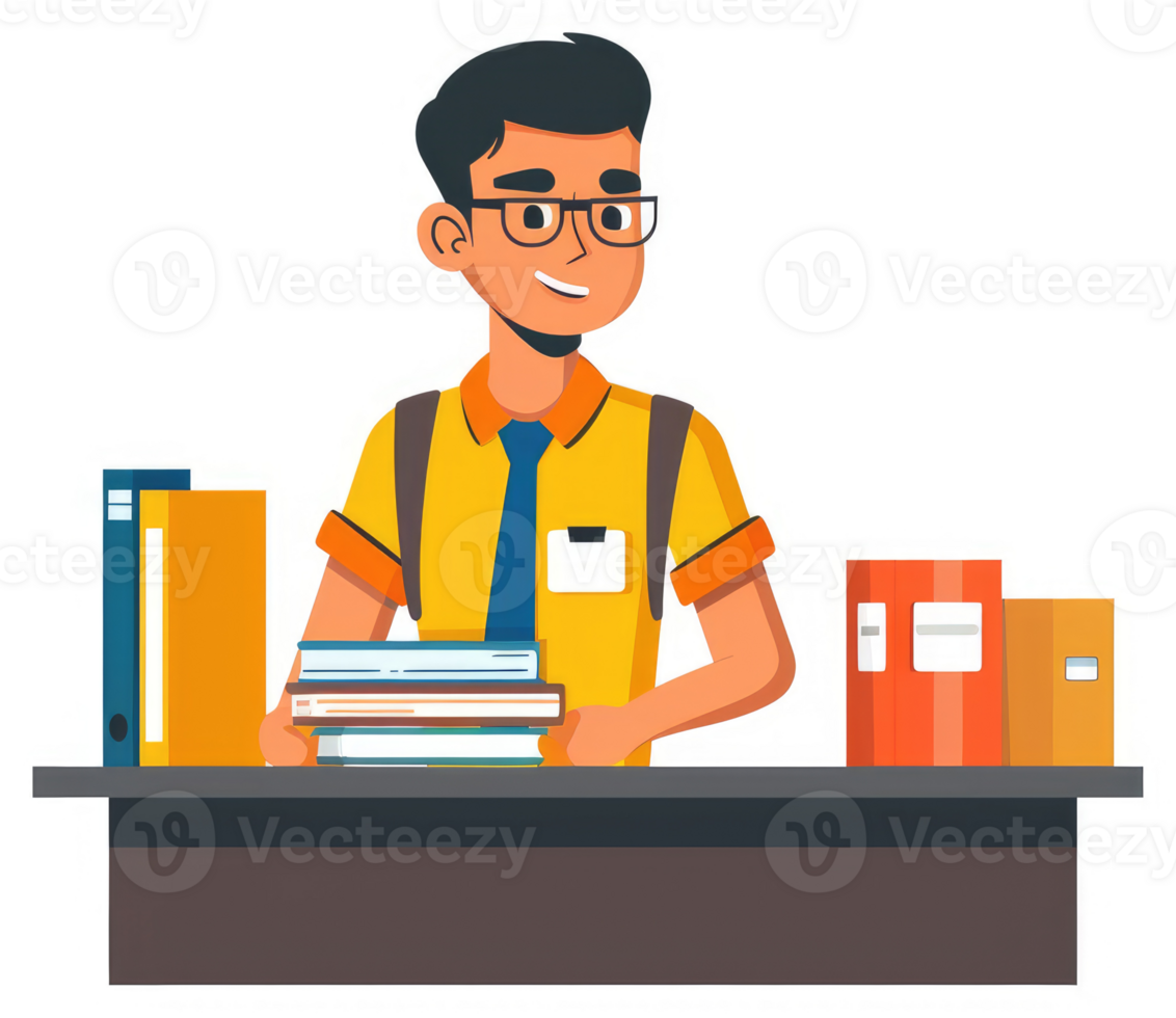 A student standing behind a desk, holding books and files. png