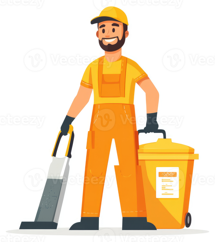 A smiling sanitation worker with a vacuum cleaner and trash bin. png