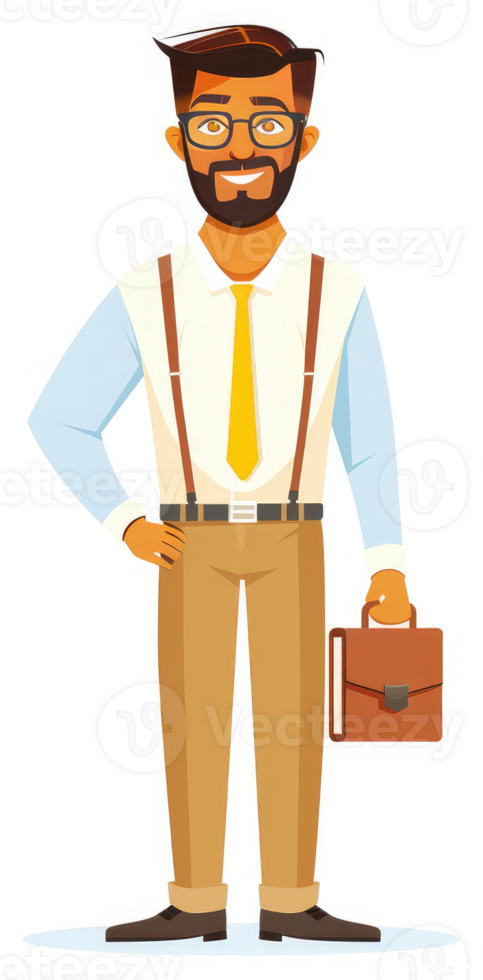 A smiling businessman in a light beige suit and a yellow tie. png