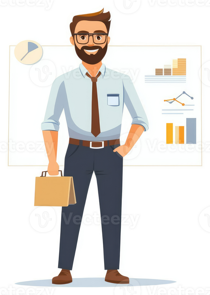 A confident businessman presenting data on a whiteboard. png