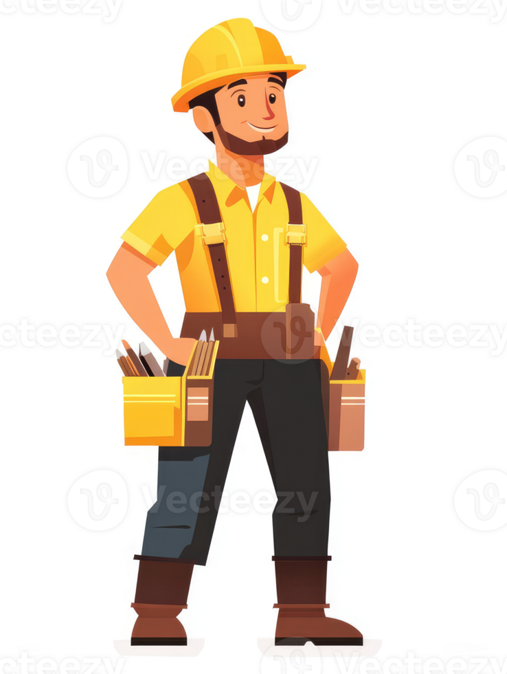 A handyman wearing a yellow hard hat and tools on his tool belt. png