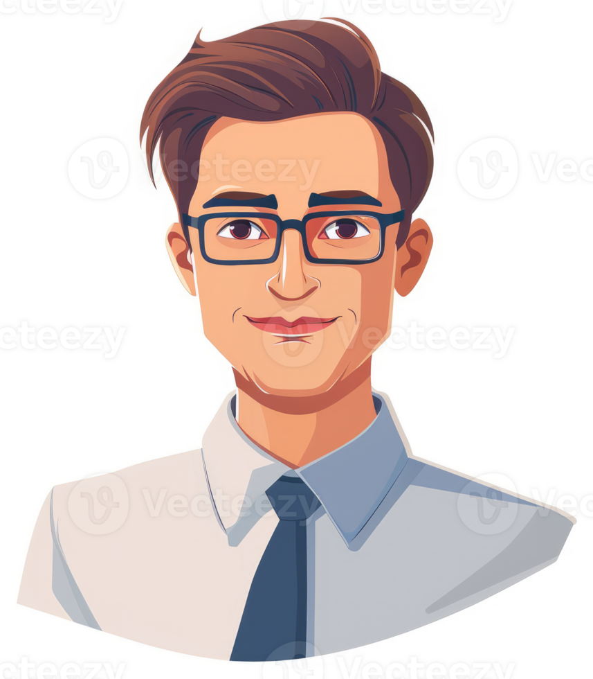 A friendly cartoon portrait of a man in a light-colored shirt and glasses. png