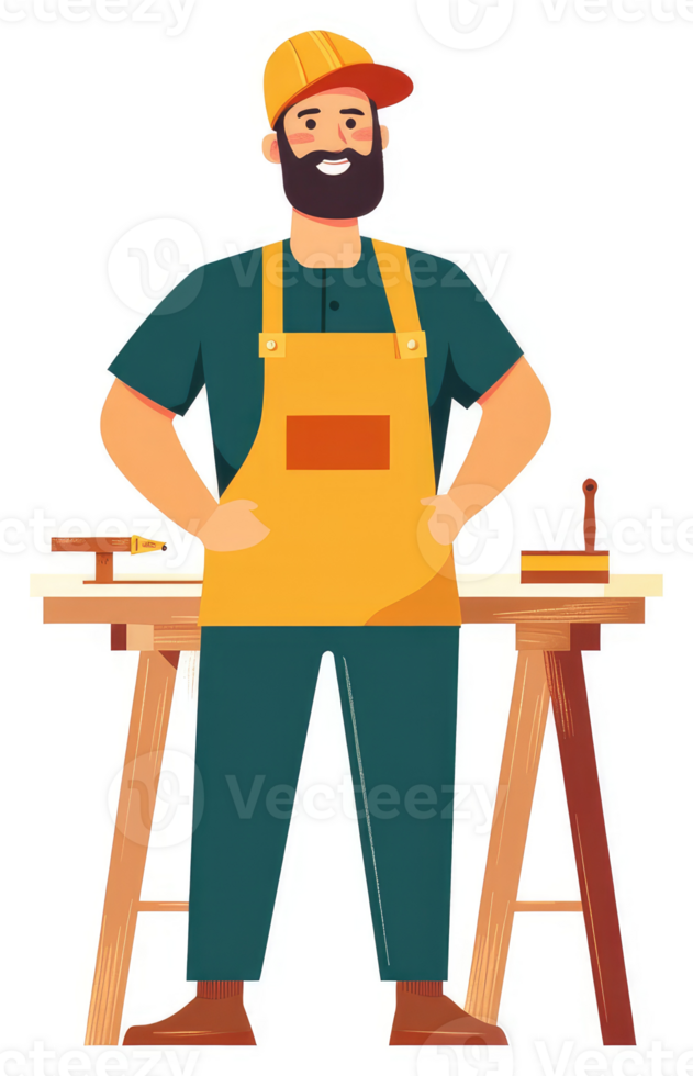 A confident carpenter stands at his workbench. png
