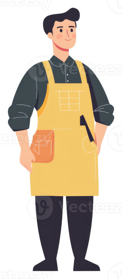 A smiling person wearing a yellow apron and dark pants. png