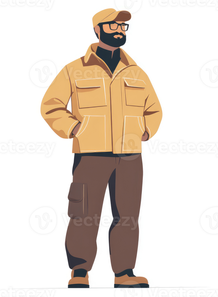 Illustration of a man in a light beige work jacket and brown work pants. png