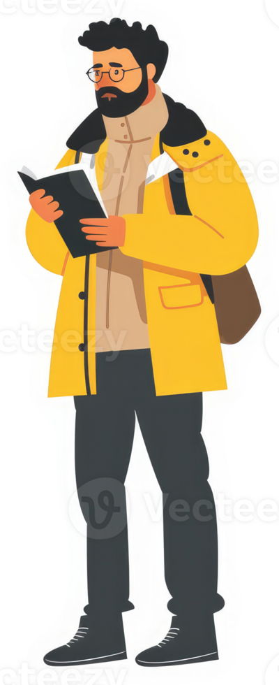 A man in a yellow raincoat reading a book. png