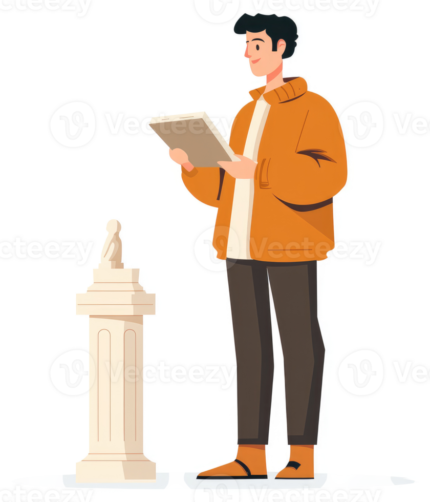 A man studies an ancient statue in a museum. png