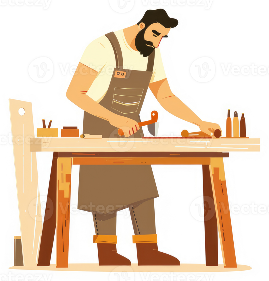 A focused carpenter meticulously works on a wooden piece at his workbench. png