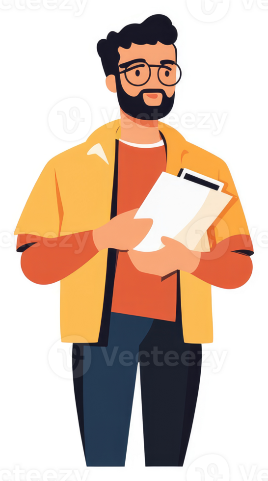 A man in a mustard yellow jacket holding documents. png