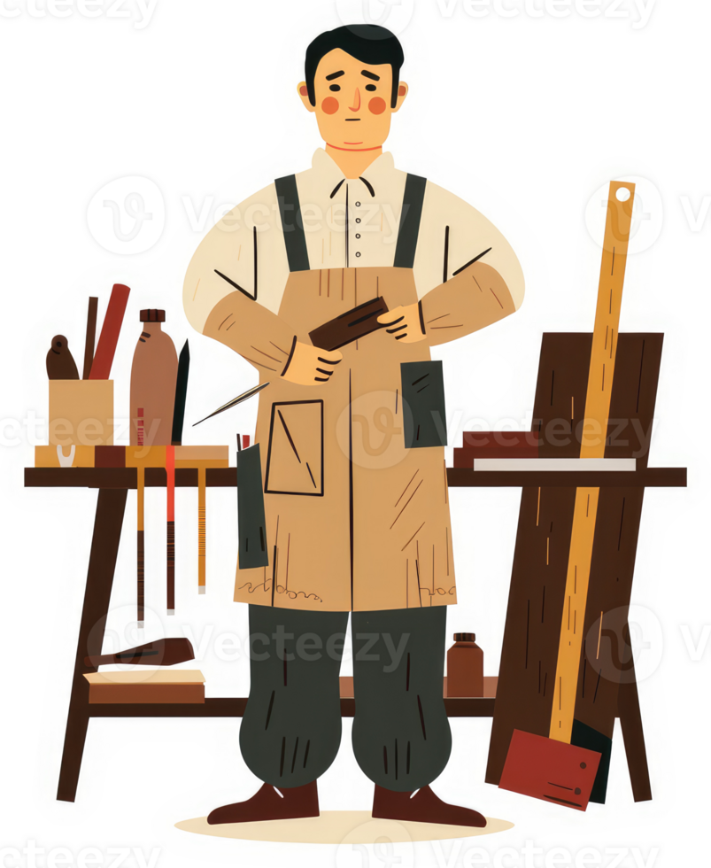 A woodworker standing by his workbench filled with tools and wood. png