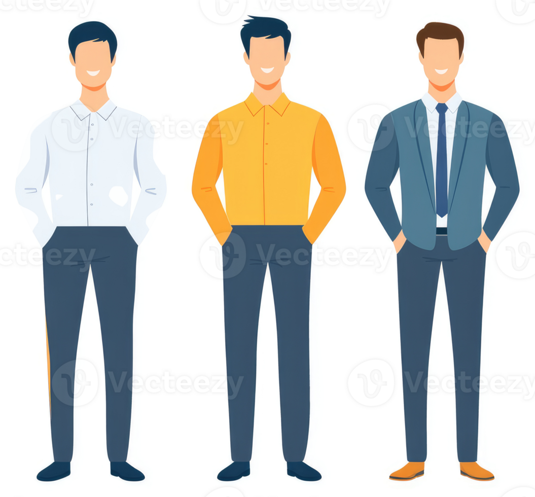 Three men in different formal attire, showcasing casual, business casual, and formal style options. png