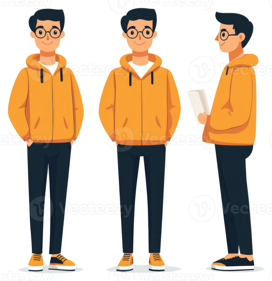 Three different views of a man wearing an orange hoodie and black pants. png
