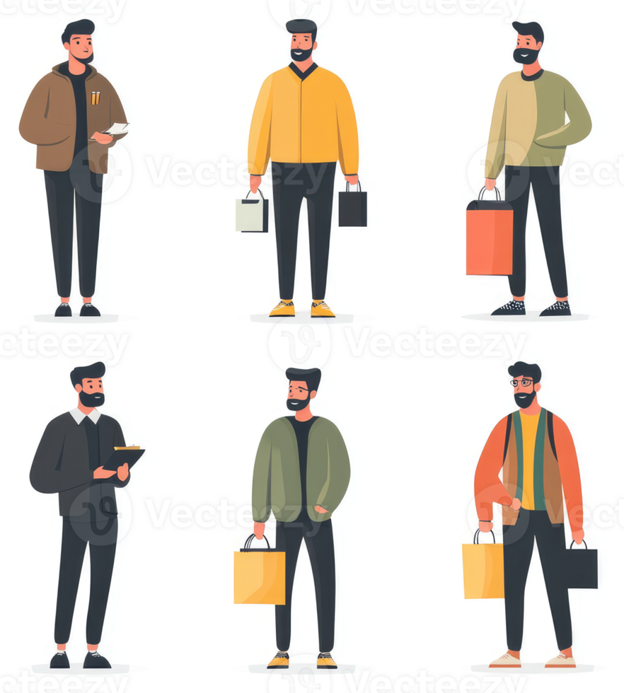Diverse men in various poses and activities. png