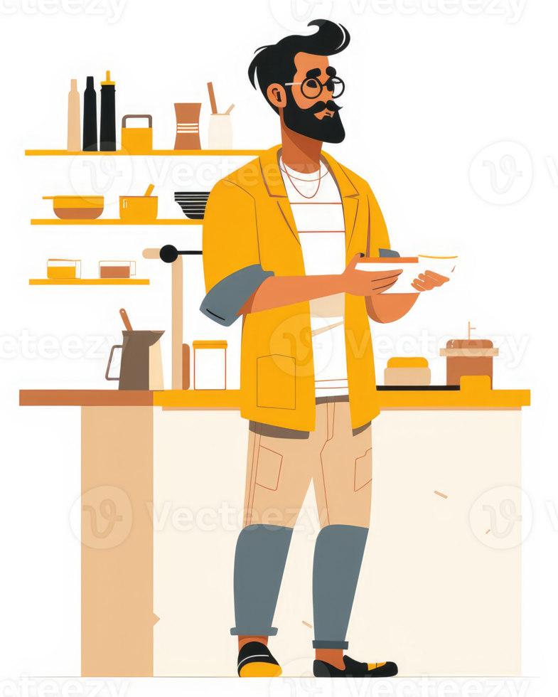 A bearded barista in a yellow jacket takes orders at a cafe. png