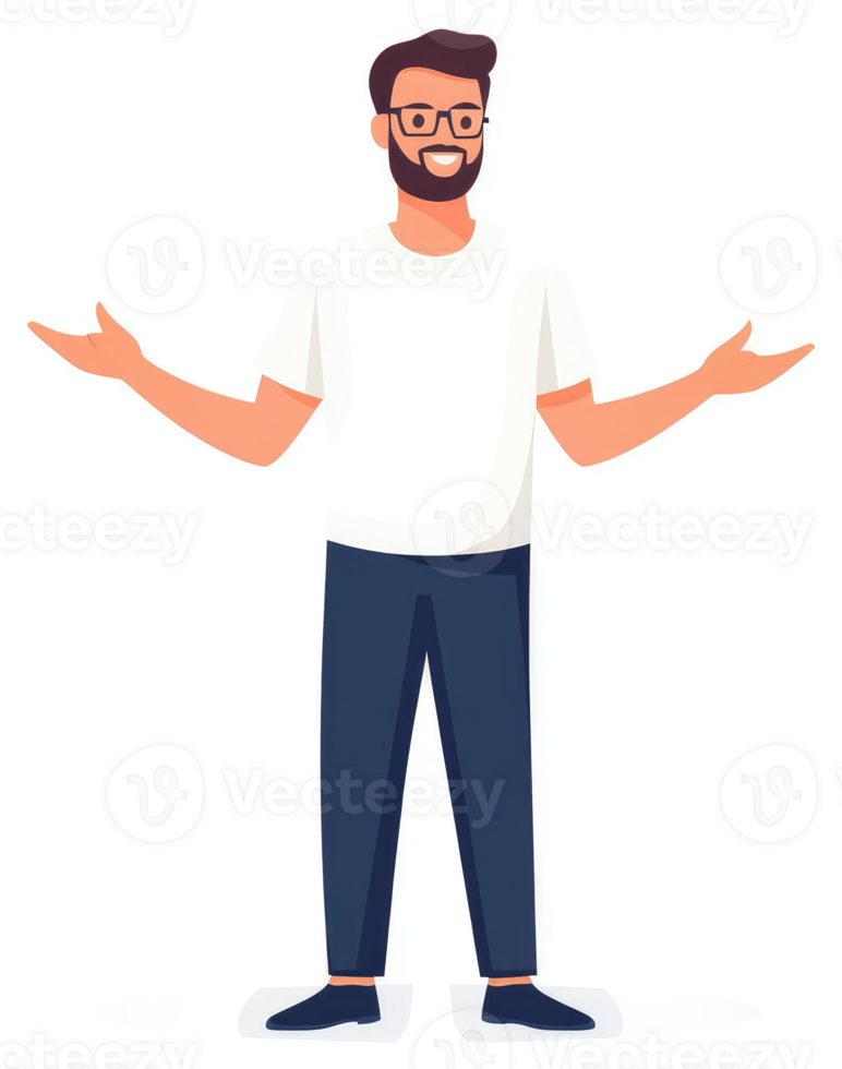 A friendly man with a beard and glasses, arms outstretched in a welcoming gesture. png