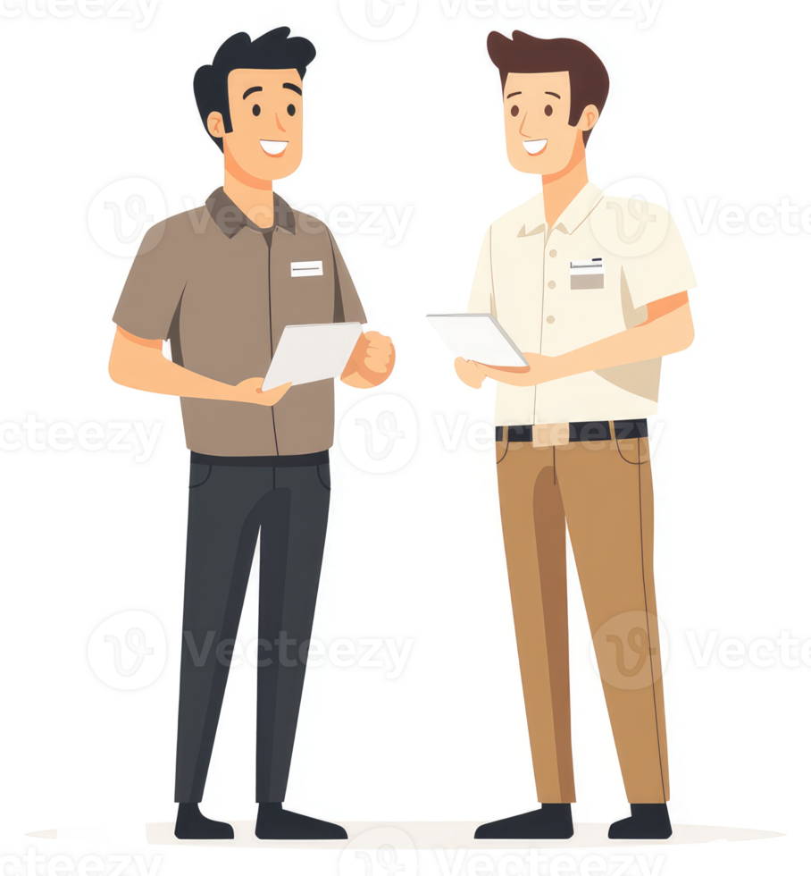 Two colleagues in discussion holding digital tablets. png