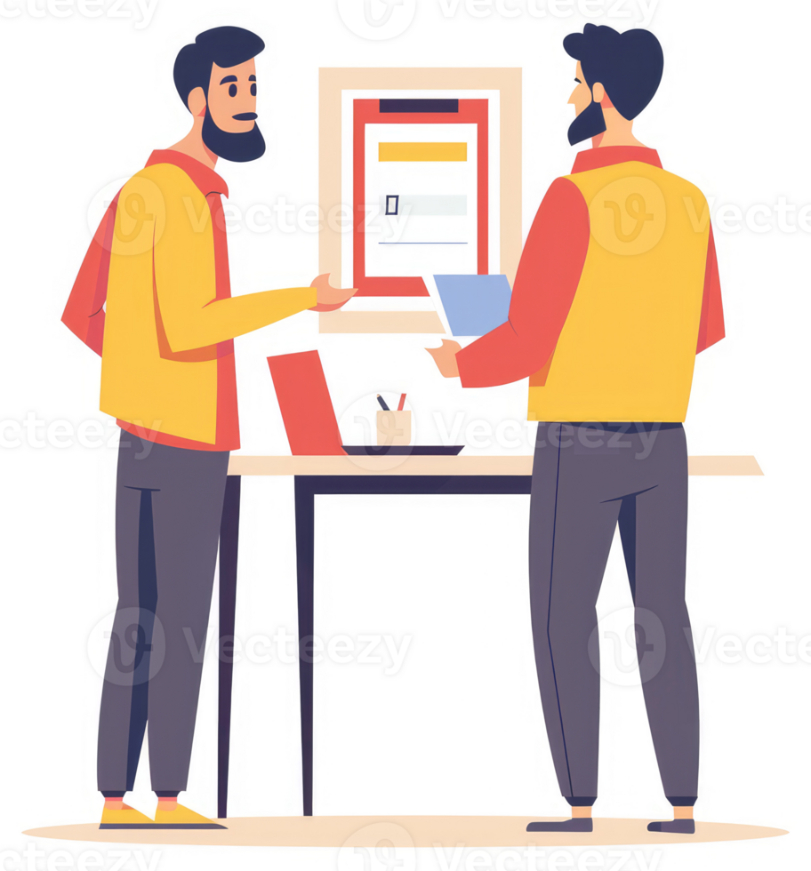 Two colleagues engage in a business discussion at a shared desk. png