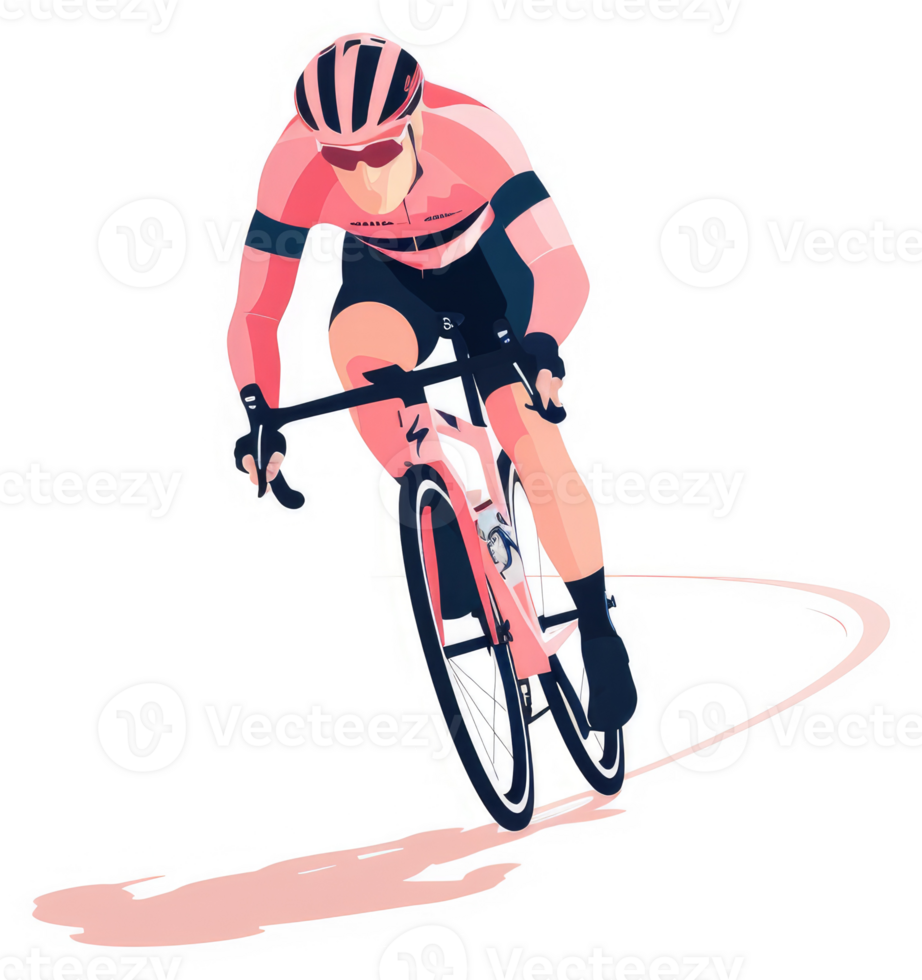 A cyclist in a vibrant pink racing uniform rides a bicycle on a curved track. png