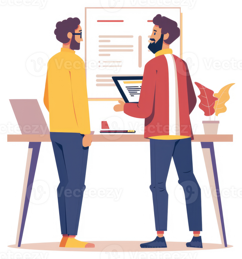 Two colleagues engaged in a presentation review at a conference table. png
