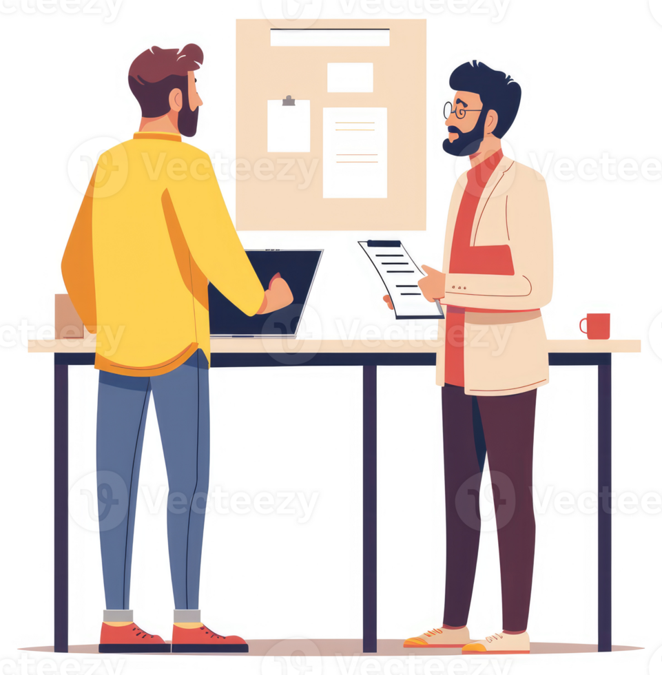 Two colleagues discussing documents at a shared workspace. png