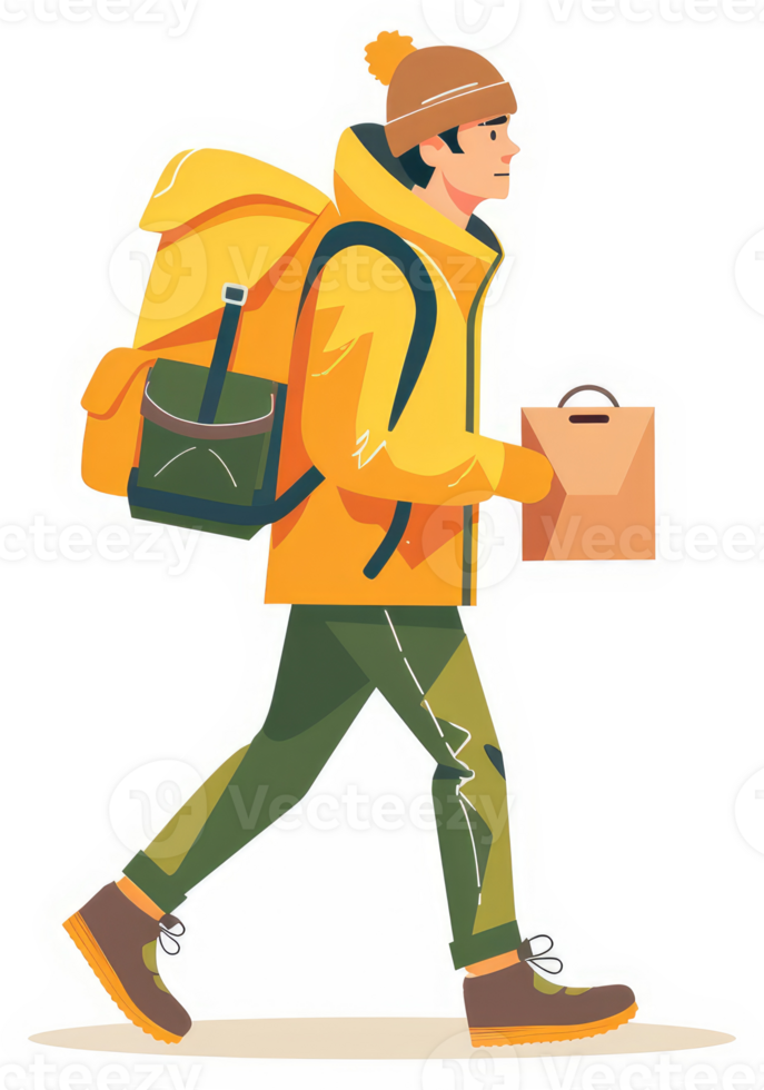 A person wearing a yellow jacket and carrying a backpack and a paper bag walks outdoors. png