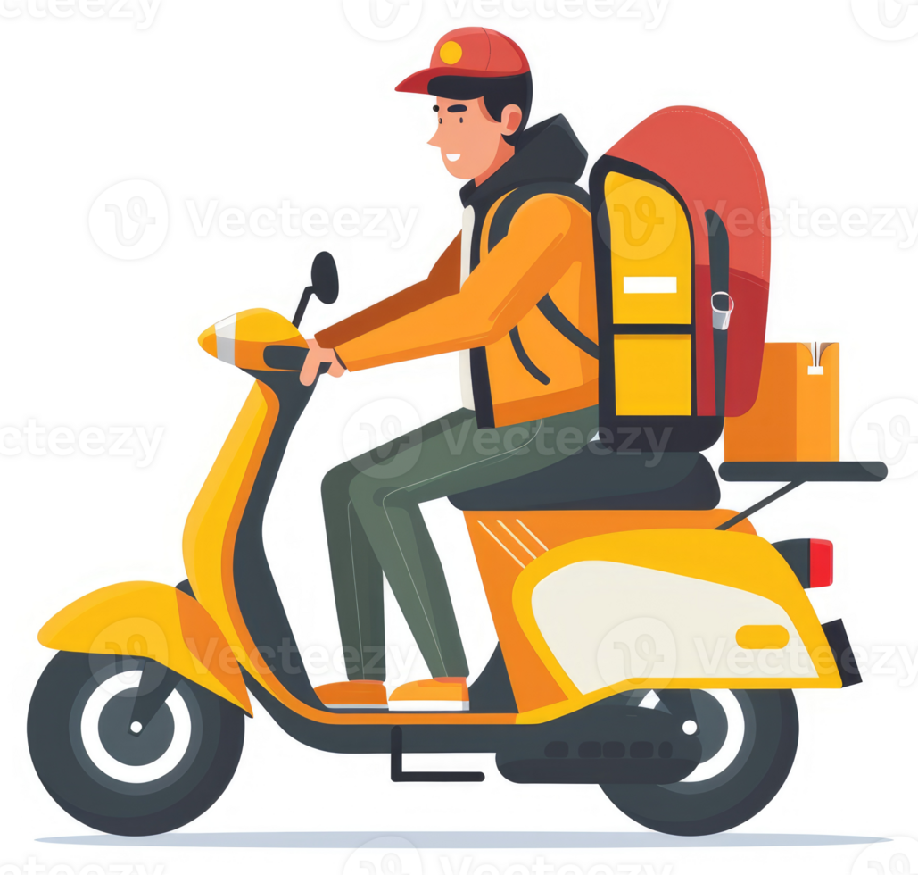 A delivery person on a yellow scooter carrying packages. png