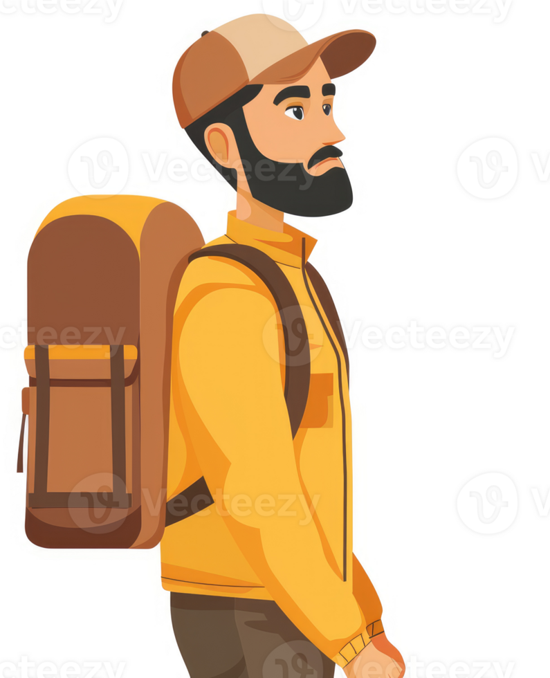 A bearded man wearing a backpack and a baseball cap, ready for an adventure. png