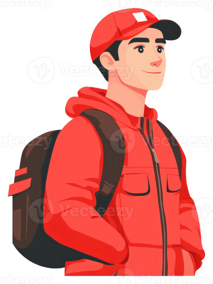 A young person wearing a red jacket and cap, carrying a backpack. png