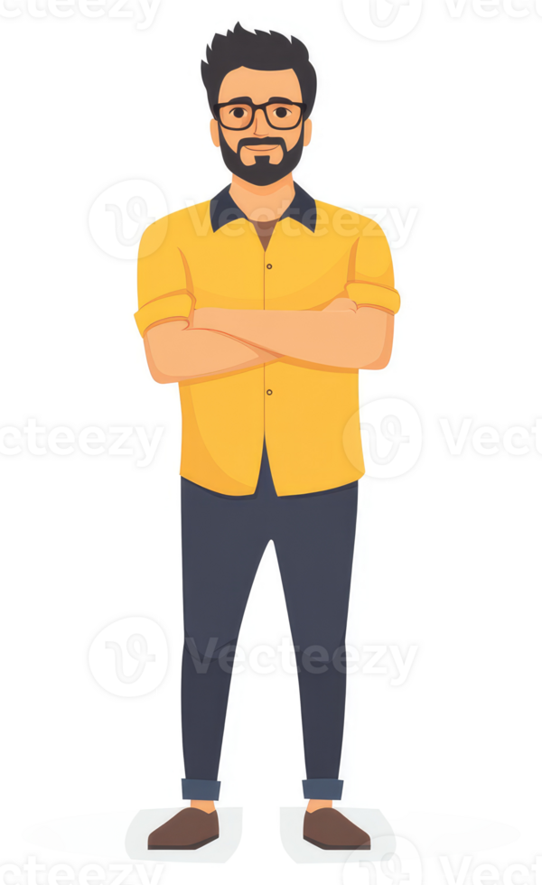 A confident man in a yellow shirt and dark pants. png