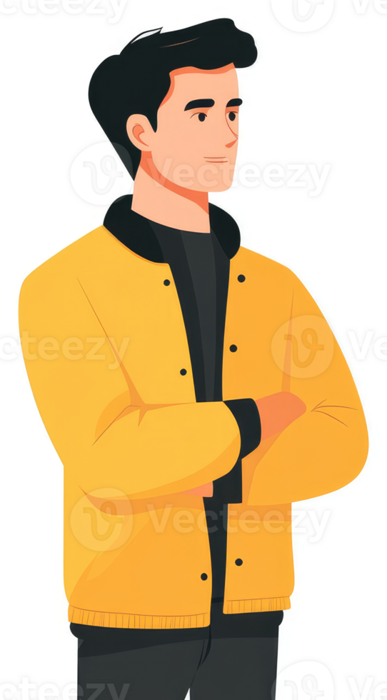 A man in a mustard yellow bomber jacket, profile view. png