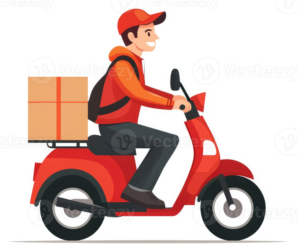 A smiling delivery person on a red scooter carrying a package. png