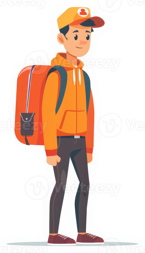 A cartoon illustration of a young person wearing an orange jacket, carrying a red backpack. png