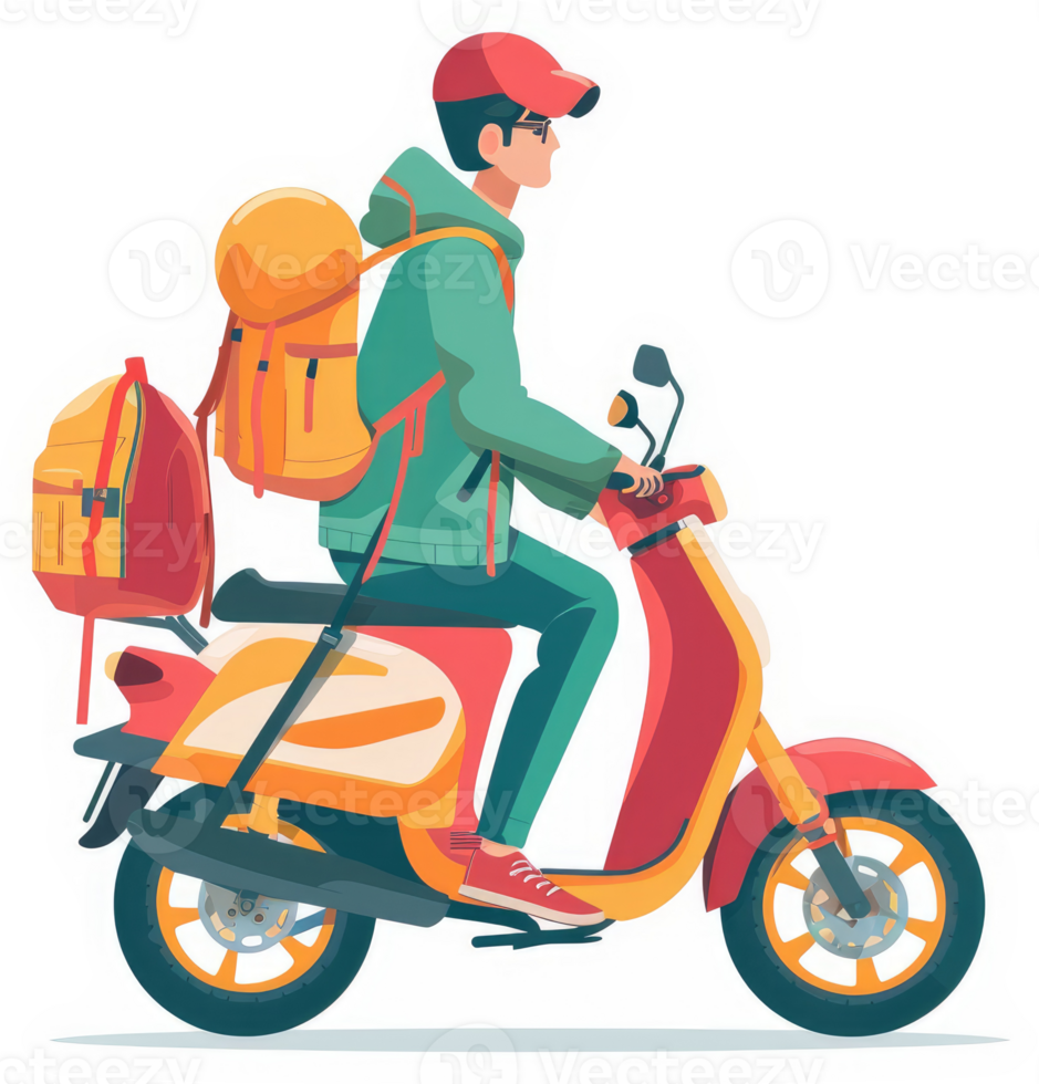 A person riding a scooter with large backpacks. png